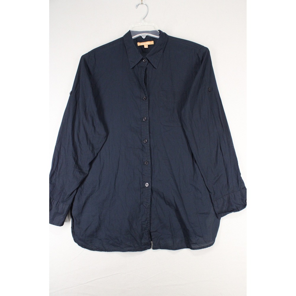 Ellen Tracy Button Down Shirt Womens Large Navy Blue Cotton Roll Tab Workwear